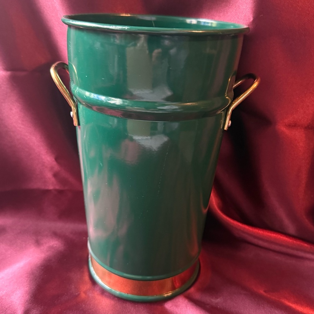 Vintage Metal Green & Brass French Flower Bucket